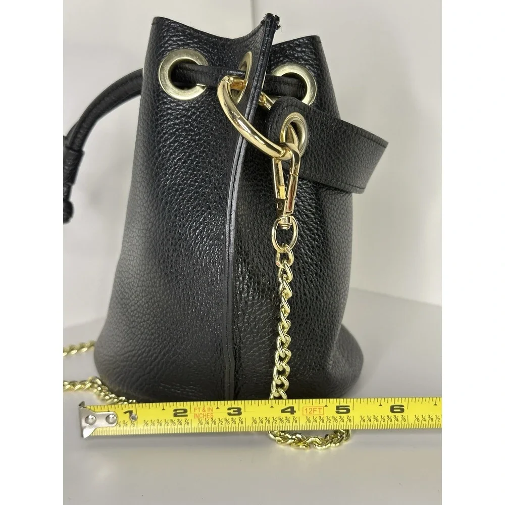 Anna Paola, Bucket Bag Black Pebbled Leather Drawstring Gold Chain Made In Italy